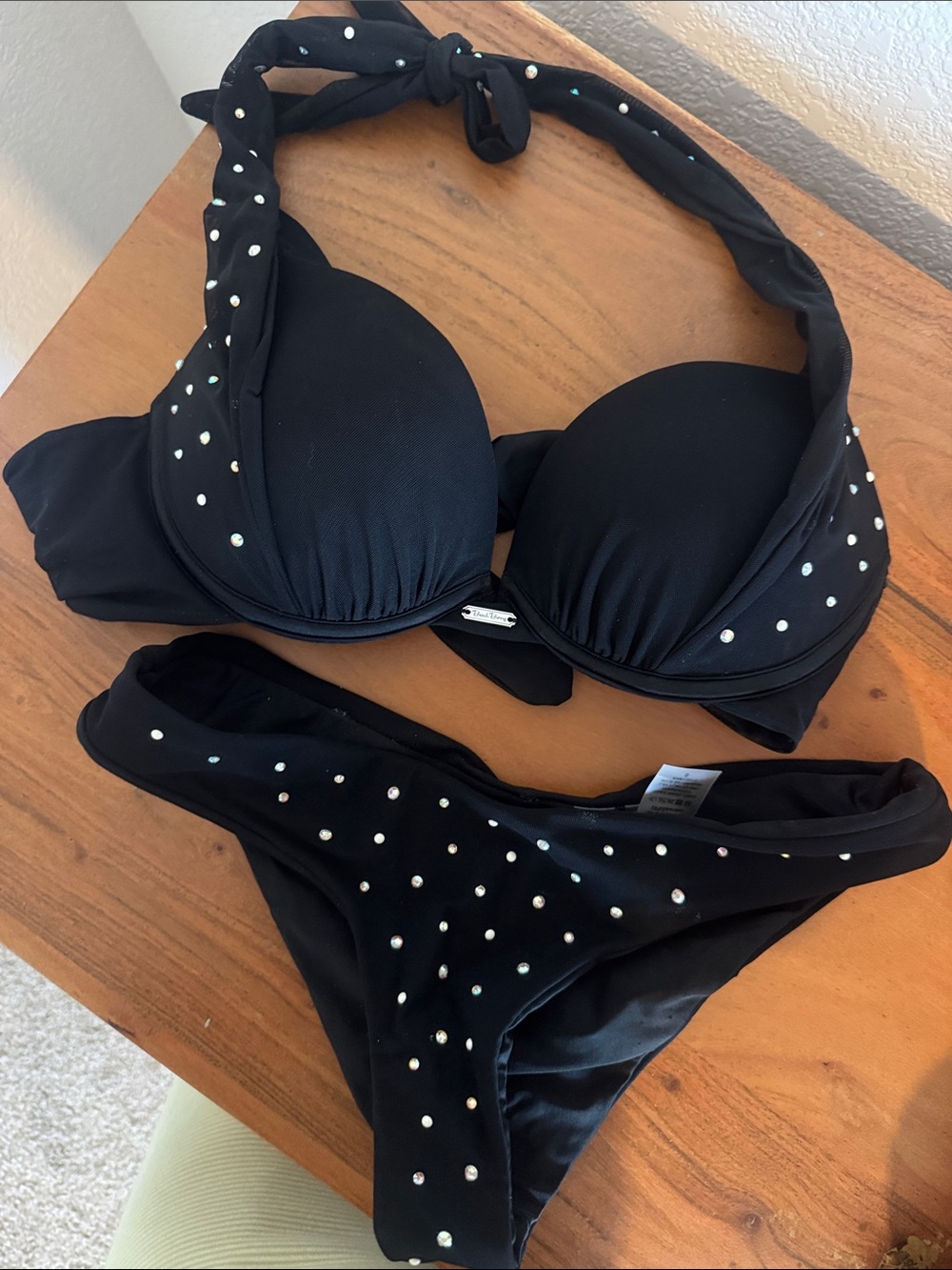 Black Rhinestone Embellished Halter Bikini